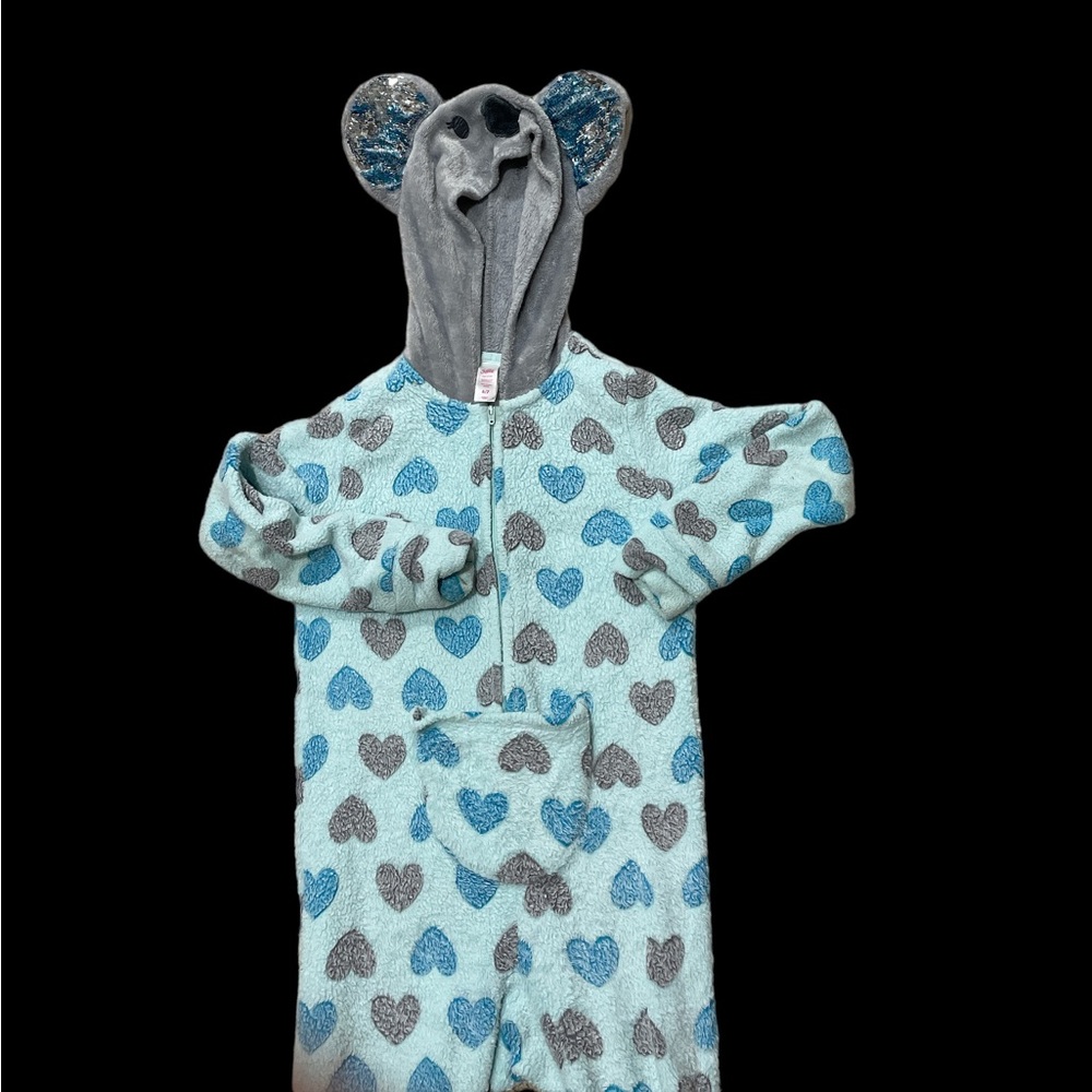 Justice onesie blue koala zip hooded fleece soft pajamas pjs hearts sequins 6 7